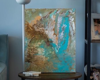 Abstract Fluid Art Painting: Turquoise, Gold, Earth Tones – One of a Kind Canvas