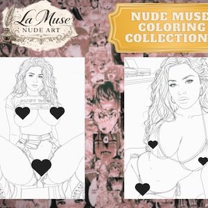 May include: Two black and white line art coloring pages from the "Nude Muse Coloring Collection 2". The left image features a woman in a t-shirt and shorts. The right image shows a woman in a bikini. The background is a collage of anime-style faces.