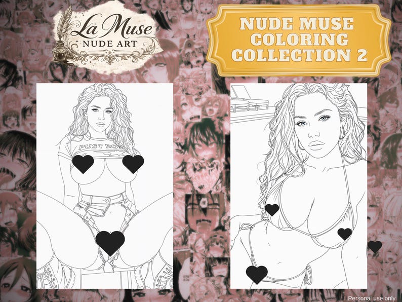 May include: Two black and white line art coloring pages from the "Nude Muse Coloring Collection 2". The left image features a woman in a t-shirt and shorts. The right image shows a woman in a bikini. The background is a collage of anime-style faces.