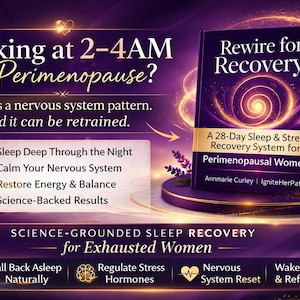 May include: A book cover for "Rewire for Recovery" on a purple background. The book promises a 28-day sleep and stress recovery system for perimenopausal women. Text includes "Waking at 2-4AM in Perimenopause?" and benefits like deep sleep.