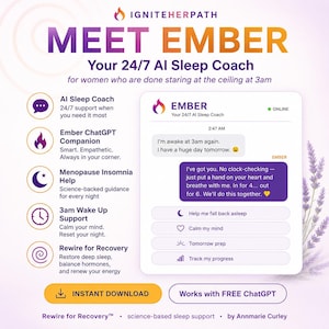 Puede incluir: Un gráfico informativo para IgniteHerPath Ember, un coach de sueño con IA 24/7. Presenta una interfaz de chat que muestra una conversación sobre el insomnio, junto a una lista de funciones como apoyo para la menopausia y herramientas.
