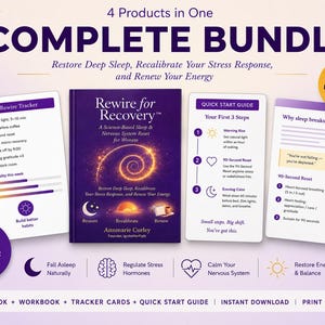 May include: A digital bundle featuring a purple book titled Rewire for Recovery by Annmarie Curley, a 30-Day Rewire Tracker, a Quick Start Guide, and a Why sleep breaks at 3am card. The set includes icons for sleep, stress, and energy.