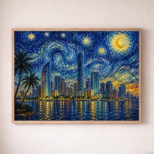 May include: A framed painting depicts a cityscape at night, rendered in a style reminiscent of Van Gogh's "Starry Night." The artwork features a dark blue sky with swirling brushstrokes, a crescent moon, and stars above a skyline of illuminated buildings reflected in the water.