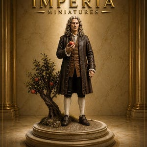 May include: A miniature figurine of a man in 18th-century attire, wearing a long brown coat, vest, and breeches, holding a red apple. Beside him is a small apple tree. Text reads: IMPERIA MINIATURES, DIGITAL FILES ONLY, STL & OBJ.