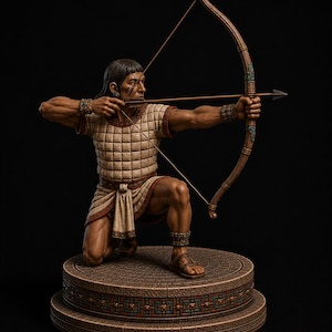 May include: A detailed figurine of an archer kneeling on a circular stone-textured base. The figure wears a quilted beige tunic with red trim, arm cuffs, and sandals, while holding a large wooden bow with an arrow drawn back in a firing position.