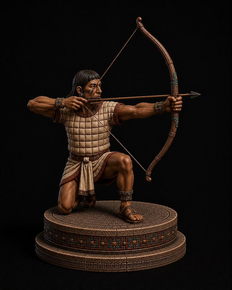 May include: A detailed figurine of an archer kneeling on a circular stone-textured base. The figure wears a quilted beige tunic with red trim, arm cuffs, and sandals, while holding a large wooden bow with an arrow drawn back in a firing position.