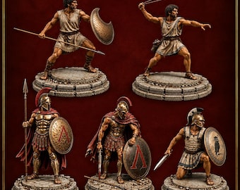 Ancient Greek Warriors STL | Spartan Hoplite, Athenian Hoplite, Peltast, Greek Slinger & Wounded Hoplite | 3D Print STL OBJ Files