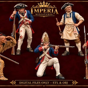 May include: A collection of five historical soldier figurines labeled Imperia Miniatures. The set includes figures in blue and red uniforms, one in a tan fringed outfit with feathers, and one in an apron holding a spoon. Text reads: IMPERIA MINIATURES, DIGITAL FILES ONLY – STL & OBJ.