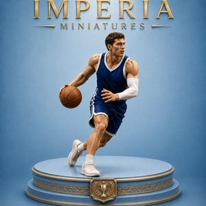 Könnte beinhalten: Eine Basketballspieler-Figur in blau-weißem Trikot und Shorts, die einen braunen Basketball dribbelt. Die Figur steht auf einem runden blauen Sockel mit goldenem Pokal-Emblem. Text: IMPERIA MINIATURES, DIGITAL FILES ONLY, STL & OBJ.