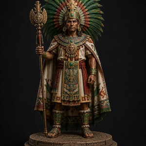 May include: A detailed figurine of a ruler wearing a large green and red feathered headdress, a white tunic with intricate patterns, a cape, and jewelry. The figure holds a tall golden staff and stands on a circular stone-textured base.