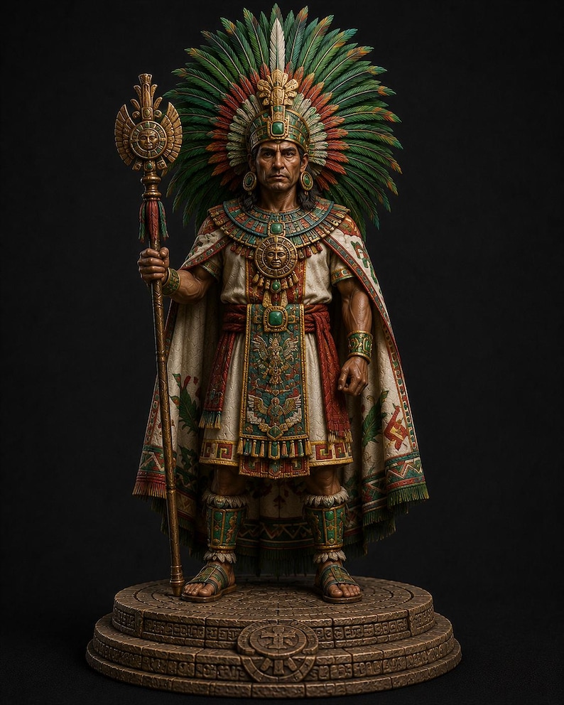 May include: A detailed figurine of a ruler wearing a large green and red feathered headdress, a white tunic with intricate patterns, a cape, and jewelry. The figure holds a tall golden staff and stands on a circular stone-textured base.