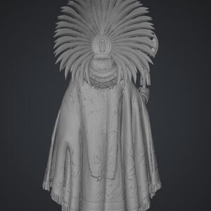 May include: A monochromatic gray 3D rendered figurine of a figure wearing a large, elaborate feathered headdress and a long, flowing cloak with a fringed hem. The figure stands on a circular, tiered pedestal base with intricate geometric carvings.