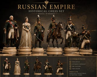 Russian Empire Historical Chess Set STL & OBJ Napoleonic Russian Army Chess Pieces 3D Printable Miniatures Kutuzov Inspired Chess Collection