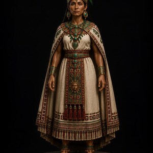 May include: A figurine of a person wearing a cream-colored dress with a long cape, adorned with intricate red, green, and gold patterns. The attire includes a tall feathered headdress, a large turquoise-accented necklace, belt, and wrist cuffs.