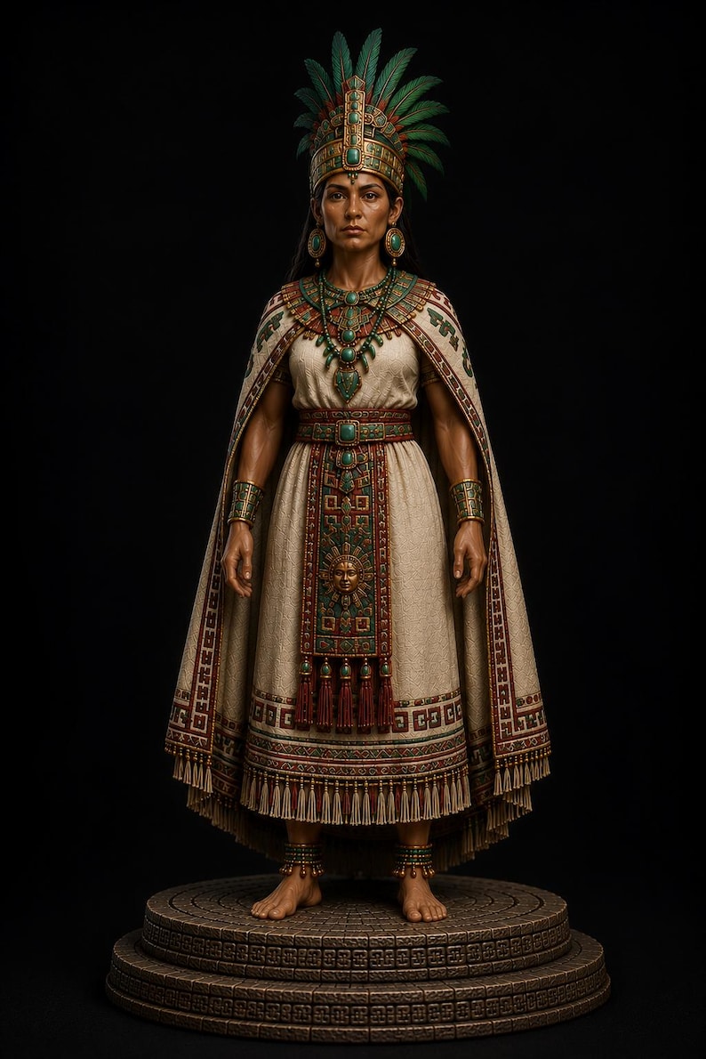 May include: A figurine of a person wearing a cream-colored dress with a long cape, adorned with intricate red, green, and gold patterns. The attire includes a tall feathered headdress, a large turquoise-accented necklace, belt, and wrist cuffs.