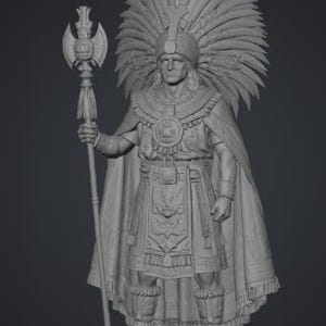 May include: A gray monochromatic figurine of a warrior wearing a large feathered headdress, a cape, and a tunic with detailed embroidery. The figure holds a tall staff topped with a double-bladed axe and stands on a circular base with a central emblem.
