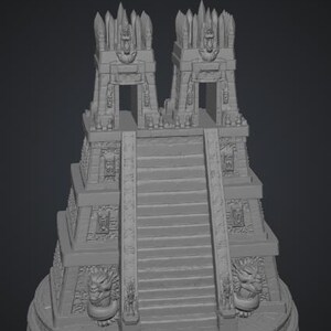 May include: A gray, monochromatic 3D model of a stepped pyramid structure featuring a central staircase leading to two identical tower-like temples at the summit. The base is circular with carved lion-like heads on the lower corners of the stairs.