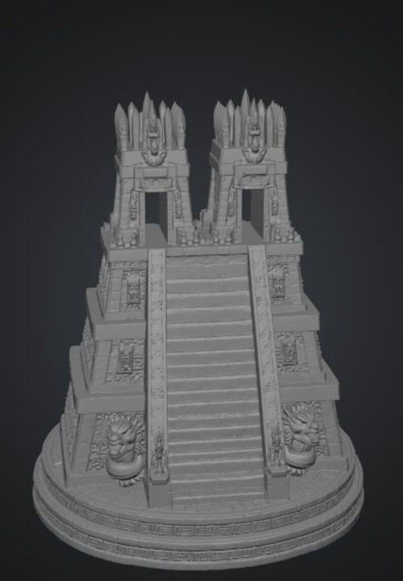 May include: A gray, monochromatic 3D model of a stepped pyramid structure featuring a central staircase leading to two identical tower-like temples at the summit. The base is circular with carved lion-like heads on the lower corners of the stairs.