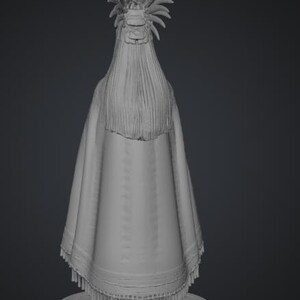 May include: A monochromatic gray 3D digital model of a standing figure wearing a long, flowing cloak with a fringed hem. The figure features a tall, elaborate headdress with multiple upward-pointing spikes and long, straight hair cascading down the back.