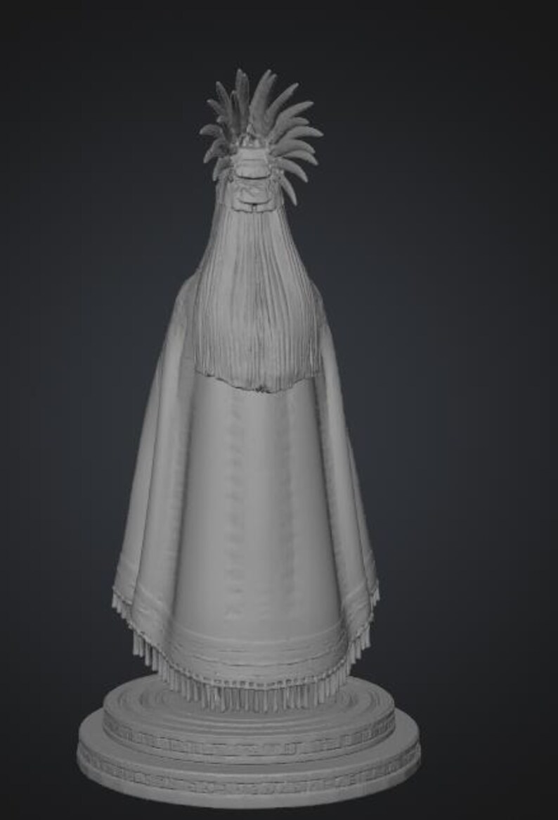 May include: A monochromatic gray 3D digital model of a standing figure wearing a long, flowing cloak with a fringed hem. The figure features a tall, elaborate headdress with multiple upward-pointing spikes and long, straight hair cascading down the back.
