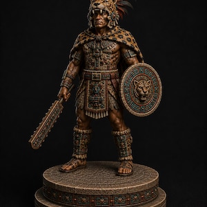 May include: A detailed figurine of an Aztec jaguar warrior wearing a leopard-skin headdress with feathers, a matching cape, and intricate armor. The warrior holds a macuahuitl sword and a circular shield with a jaguar face, standing on a stone base.