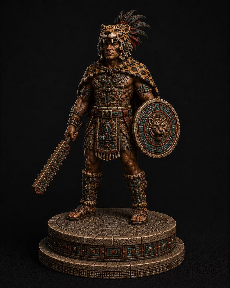 May include: A detailed figurine of an Aztec jaguar warrior wearing a leopard-skin headdress with feathers, a matching cape, and intricate armor. The warrior holds a macuahuitl sword and a circular shield with a jaguar face, standing on a stone base.