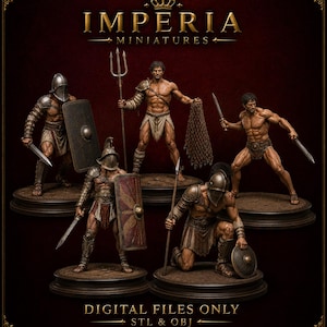 May include: Five detailed gladiator miniature figurines on circular bases, featuring various combat poses, armor, and weapons like tridents, swords, and shields. The text IMPERIA MINIATURES and DIGITAL FILES ONLY STL & OBJ are visible.