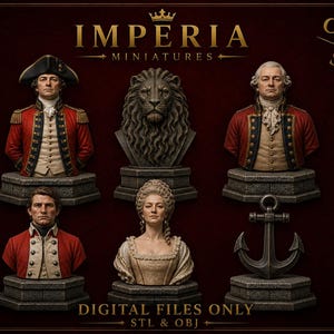 May include: A collection of six digital chess set miniatures labelled Imperia Miniatures, featuring busts of historical figures in red military uniforms, a lion head, and an anchor, all mounted on stone-textured bases with digital files only text.