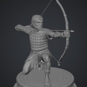 May include: A gray monochromatic 3D printed figurine of an archer in a kneeling position, drawing a bow with an arrow. The figure wears a quilted tunic, wrist cuffs, and sandals, standing on a circular base with a decorative relief pattern.
