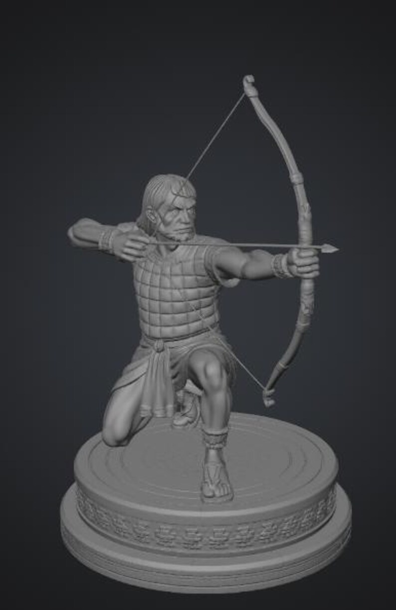 May include: A gray monochromatic 3D printed figurine of an archer in a kneeling position, drawing a bow with an arrow. The figure wears a quilted tunic, wrist cuffs, and sandals, standing on a circular base with a decorative relief pattern.