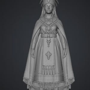 May include: A gray 3D digital model of a standing figure wearing an elaborate headdress with radiating spikes, a long cape with a fringed hem, a belted tunic with a central decorative panel, and a necklace, all mounted on a circular tiered base.