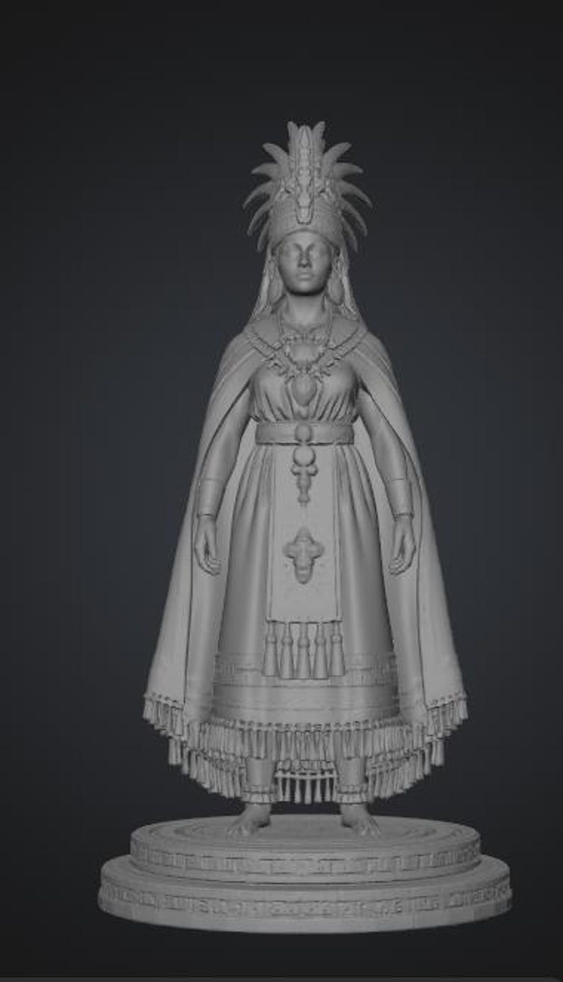 May include: A gray 3D digital model of a standing figure wearing an elaborate headdress with radiating spikes, a long cape with a fringed hem, a belted tunic with a central decorative panel, and a necklace, all mounted on a circular tiered base.