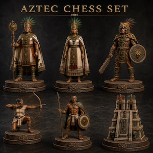 May include: A set of six Aztec chess pieces featuring detailed figures of warriors, royalty, and a pyramid structure. Each piece stands on a circular base with intricate carvings. The text AZTEC CHESS SET is displayed at the top of the image.