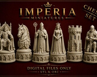 Gothic Chess Set STL | Medieval Fantasy Chess Pieces | 3D Printable Chess Set | King Queen Knight Bishop Rook Pawn | STL & OBJ Files