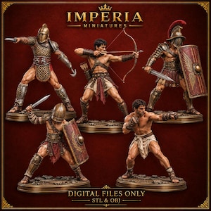May include: Five detailed warrior figurines from Imperia Miniatures, including gladiators with helmets, shields, and swords, and an archer with a bow. The set features digital files only in STL and OBJ formats, presented against a dark red background.