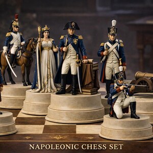 Puede incluir: Un juego de ajedrez napoleónico con figuras detalladas de soldados, realeza y un cañón. Las piezas están colocadas sobre pedestales individuales sobre un tablero de ajedrez. Las figuras visten uniformes azules, blancos y dorados. El texto "NAPOLEONIC CHESS SET" está en la parte inferior.