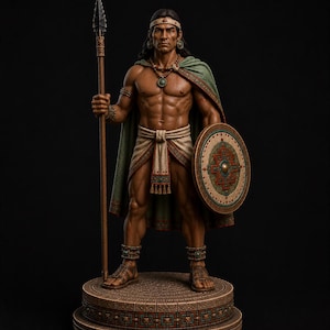 May include: A detailed figurine of a warrior standing on a circular stone-textured base. The figure holds a tall spear in the right hand and a round shield in the left. It wears a green cape, a light-colored loincloth, sandals, and jewelry.
