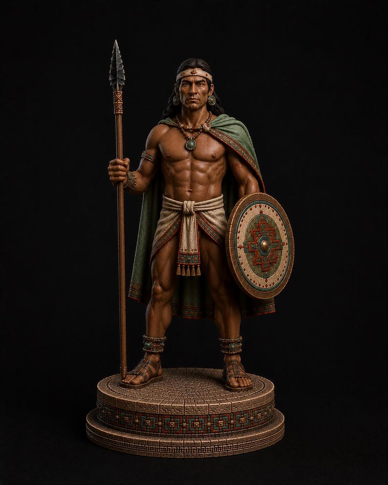 May include: A detailed figurine of a warrior standing on a circular stone-textured base. The figure holds a tall spear in the right hand and a round shield in the left. It wears a green cape, a light-colored loincloth, sandals, and jewelry.