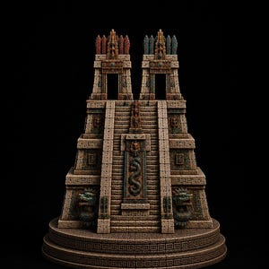 May include: A miniature stone-colored stepped pyramid model featuring two top towers, one with red accents and one with blue accents. The structure includes a central staircase with a vertical panel depicting a serpent, and two sculpted dragon heads.