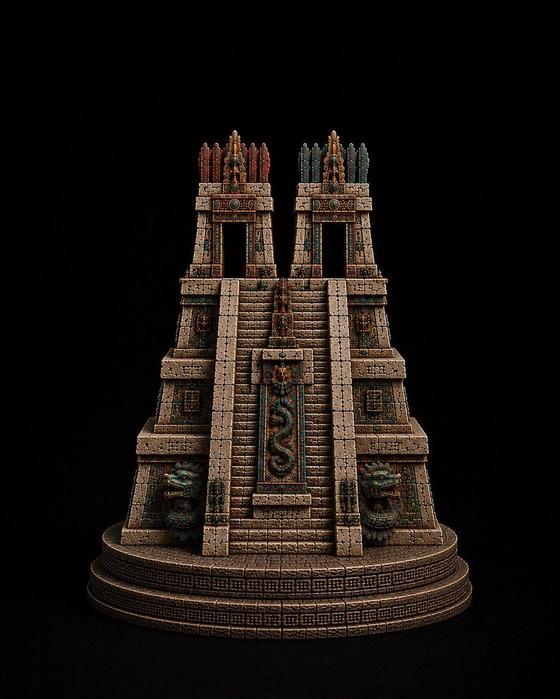 May include: A miniature stone-colored stepped pyramid model featuring two top towers, one with red accents and one with blue accents. The structure includes a central staircase with a vertical panel depicting a serpent, and two sculpted dragon heads.