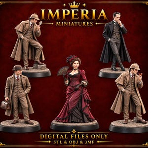 Può includere: Cinque dettagliate statuette in miniatura su basi circolari, tra cui quattro figure in abiti in stile vittoriano e una in un abito rosso scuro. Il testo recita IMPERIA MINIATURES e DIGITAL FILES ONLY STL & OBJ & 3MF su sfondo rosso scuro.