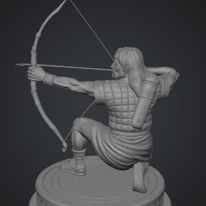 May include: A gray monochromatic figurine of an archer in a kneeling position, drawing a bow with an arrow. The figure wears a textured tunic, a quiver on the back, and sandals, standing on a circular base with a decorative relief pattern.