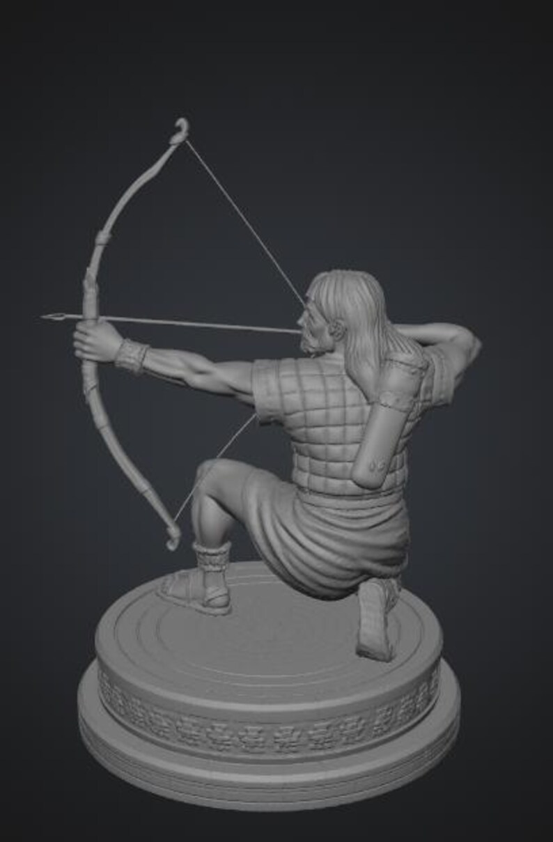 May include: A gray monochromatic figurine of an archer in a kneeling position, drawing a bow with an arrow. The figure wears a textured tunic, a quiver on the back, and sandals, standing on a circular base with a decorative relief pattern.