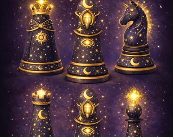 Mystic Chess Clipart, Celestial Chess Pieces, Magical Astrology Art, Moon Sun Chess Illustrations, Fantasy Clipart, Premium Digital Download