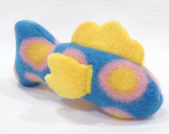 Organic Catnip Toy Fish - Pink & Yellow Circles on Blue with Yellow Fins