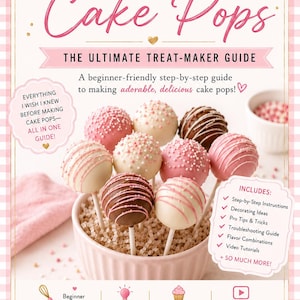 Può includere: Un poster rosa e bianco con il testo "DIY Cake Pops" e una guida per fare i cake pops. L'immagine presenta vari cake pops in una ciotola rosa, con decorazioni diverse. Include istruzioni passo passo e idee per la decorazione.