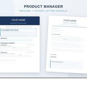 May include: A resume and cover letter bundle for a Product Manager. The resume template has a dark blue header with the text "YOUR NAME" and "PRODUCT MANAGER". The cover letter template is on the right.