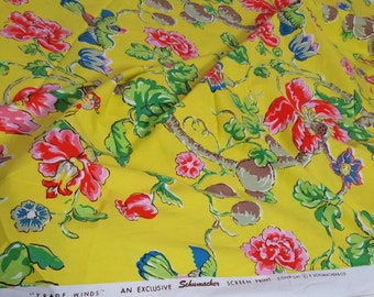 Vintage Designer Schumacher & Co Decorator Fabric Trade Winds Tropical Yellow Print Birds And Flowers Ponad 4 jardy na 57 cali