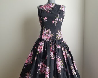 Vintage 1950's / 60's Pink and Black Floral Cotton Sundress Dropped Waist Rockabilly | A Bower of Flowers | Small to Medium