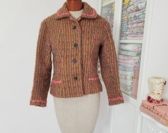 Vintage 1960's Pink Purple And Gold Mohair Style Chunky Yarn Jacket / The Scoop / Small